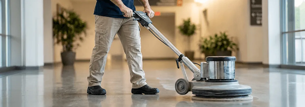Professional technician using an industrial floor buffer to polish and maintain shiny commercial flooring in a corporate hallway in Columbia, MO.