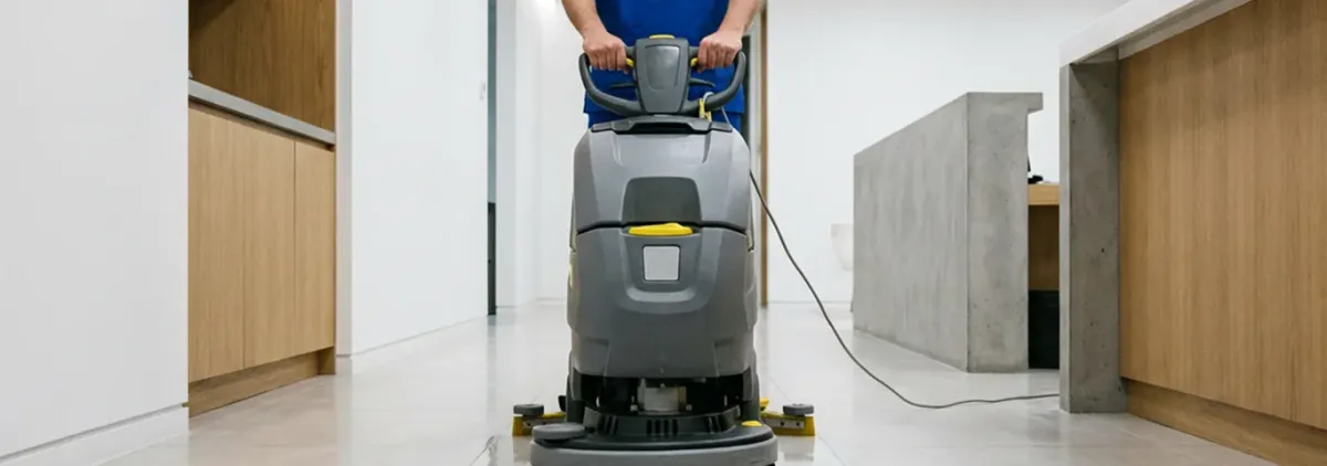 Janitorial staff using a floor scrubber machine to clean a commercial hallway, Columbia, MO.