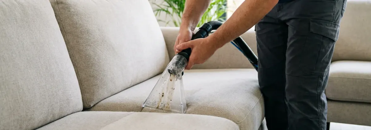 Technician extracting dirt and moisture from a fabric sofa with an upholstery cleaning wand, Columbia, MO.